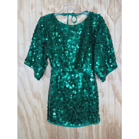 ASOS Emerald Green Sequin Dolman Sleeve Mini Dress NWT Size 4 Tie Back Open Back - Picture 9 of 9